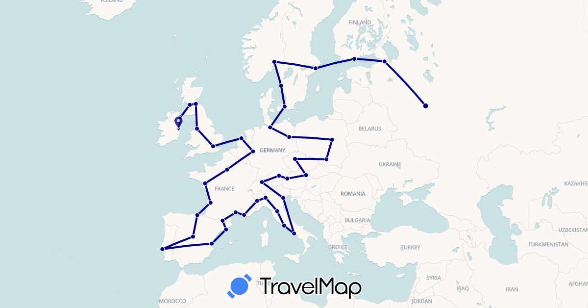 TravelMap itinerary: driving in Andorra, Austria, Switzerland, Czech Republic, Germany, Denmark, Spain, Finland, France, United Kingdom, Ireland, Italy, Netherlands, Norway, Poland, Portugal, Russia, Sweden (Europe)